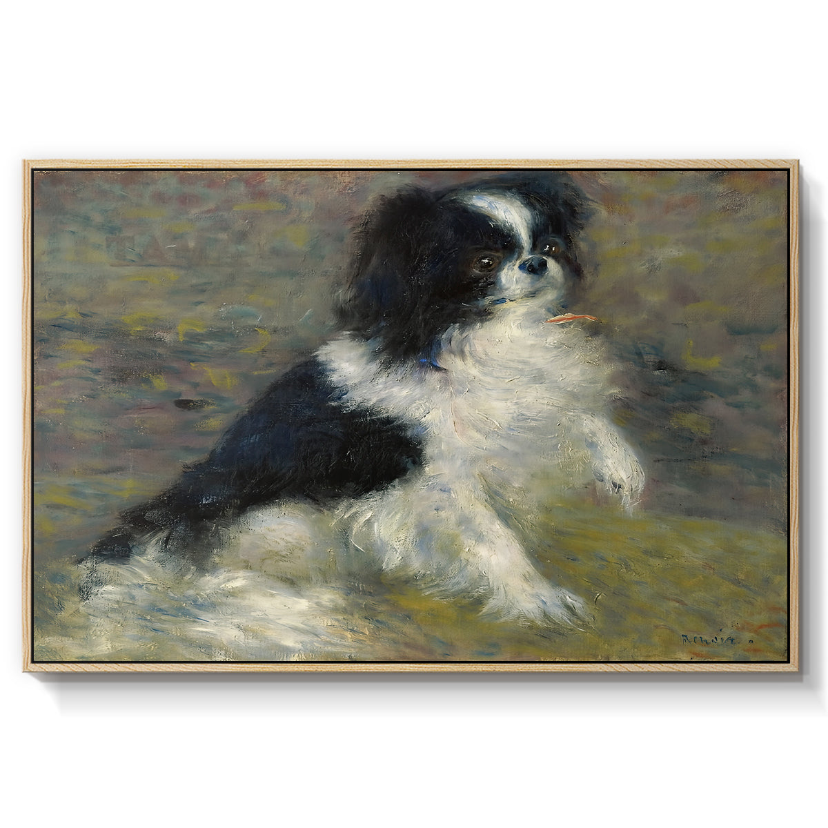 Tama, the Japanese Dog, c. 1876 by Pierre-Auguste Renoir in a natural wood floater framed canvas wall art display.