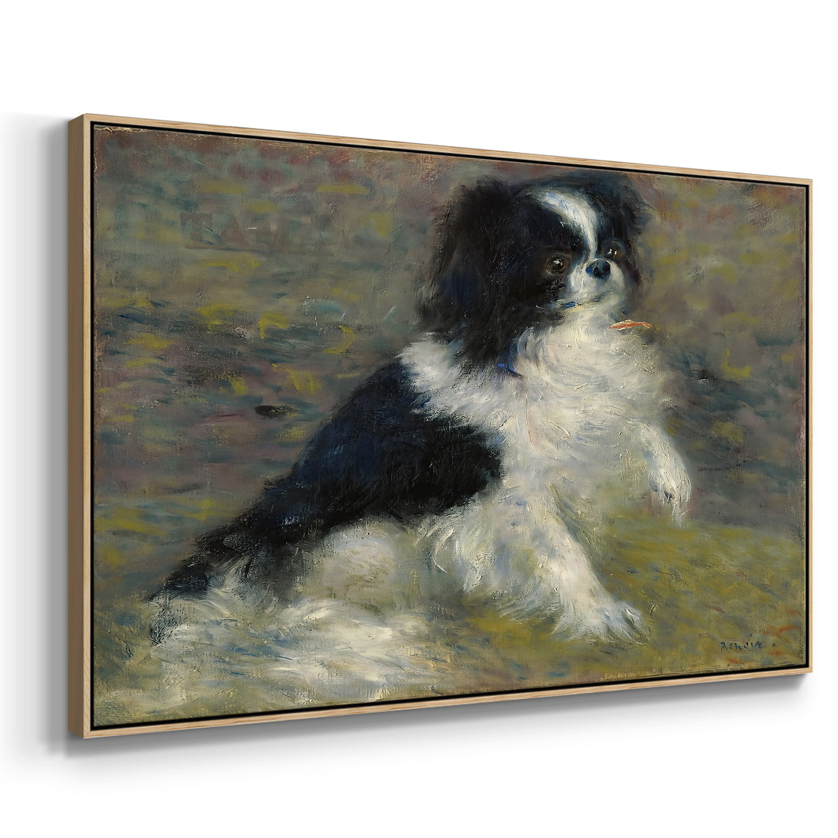 Angled view of Tama, the Japanese Dog, c. 1876 by Pierre-Auguste Renoir in a natural wood floater framed canvas.