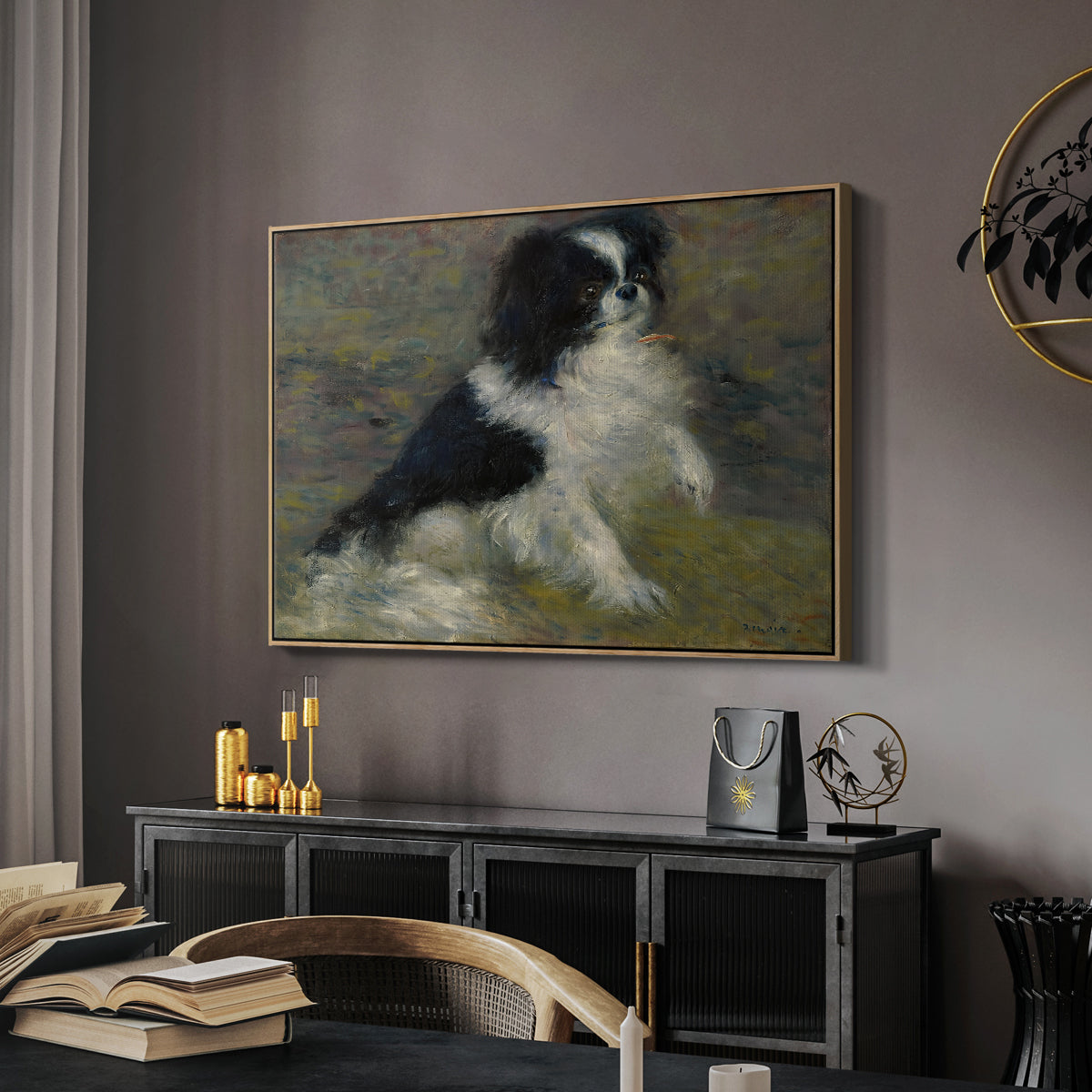 Tama, the Japanese Dog, c. 1876 by Pierre-Auguste Renoir in a natural wood floater framed canvas featuring a close-up of a small dog in motion surrounded by rippling water, displayed above a desk in a dark home office interior.