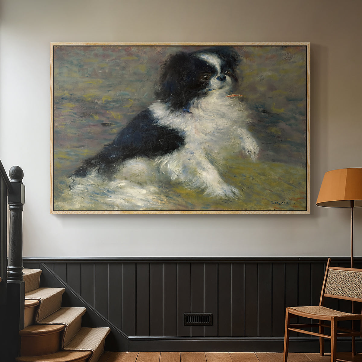 Natural wood floater framed canvas featuring an animal portrait of a dog in natural outdoor setting with soft light, displayed in a hallway near a staircase.