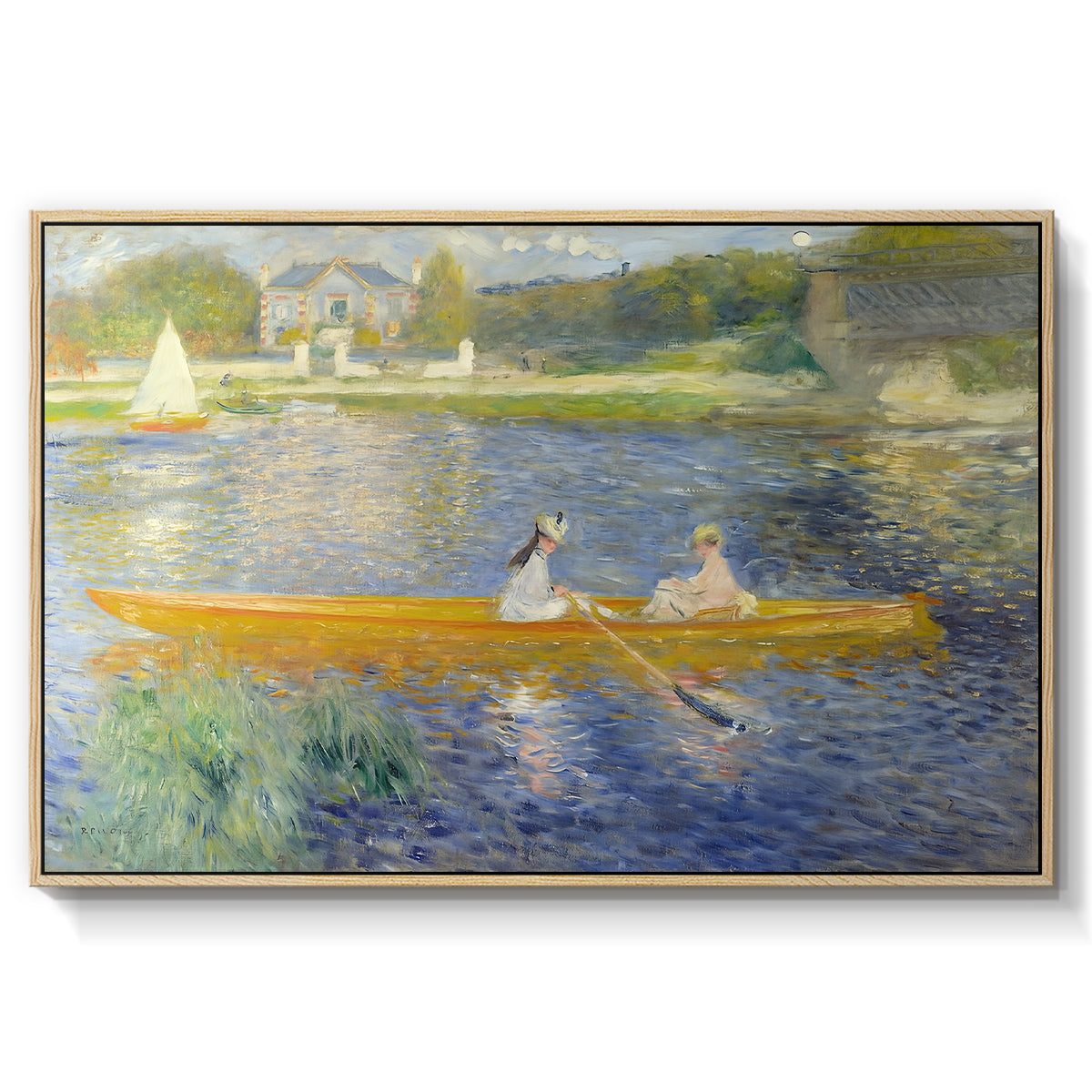 The Skiff (La Yole), 1875 by Pierre-Auguste Renoir in a natural wood floater framed canvas wall art display.