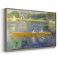 Angled view of The Skiff (La Yole), 1875 by Pierre-Auguste Renoir in a natural wood floater framed canvas.