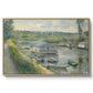 Wash-House Boat at Bas-Meudon, c. 1874 by Pierre-Auguste Renoir in a natural wood floater framed canvas wall art display.