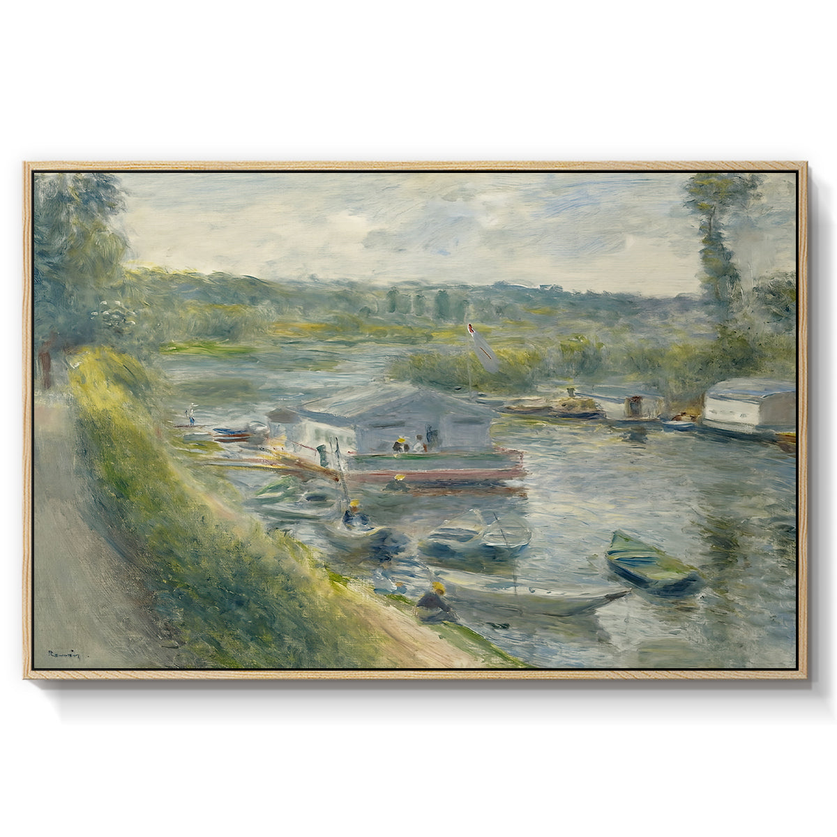 Wash-House Boat at Bas-Meudon, c. 1874 by Pierre-Auguste Renoir in a natural wood floater framed canvas wall art display.