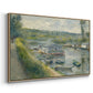Angled view of Wash-House Boat at Bas-Meudon, c. 1874 by Pierre-Auguste Renoir in a natural wood floater framed canvas.