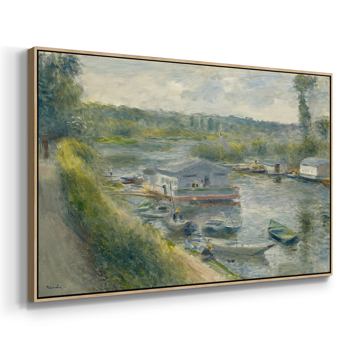 Angled view of Wash-House Boat at Bas-Meudon, c. 1874 by Pierre-Auguste Renoir in a natural wood floater framed canvas.
