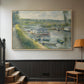Natural wood floater framed canvas featuring an everyday life scene with boat and figures along river edge, displayed in a hallway near a staircase.