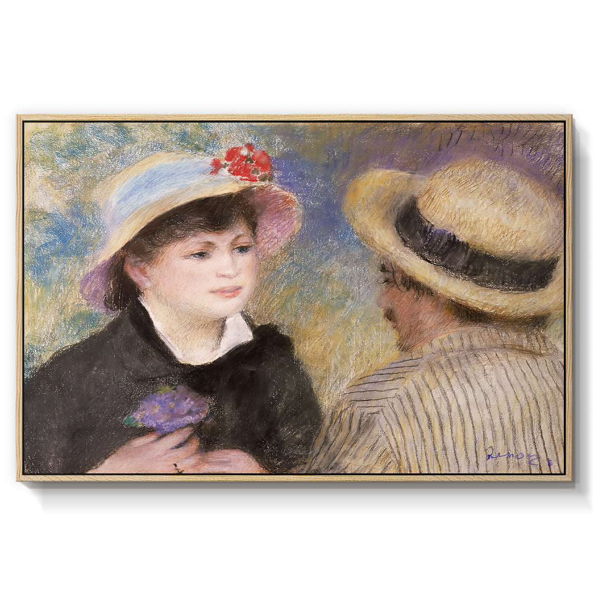 Boating Couple (Aline Charigot and Renoir), c. 1881 by Pierre-Auguste Renoir in a natural wood floater framed canvas wall art display.