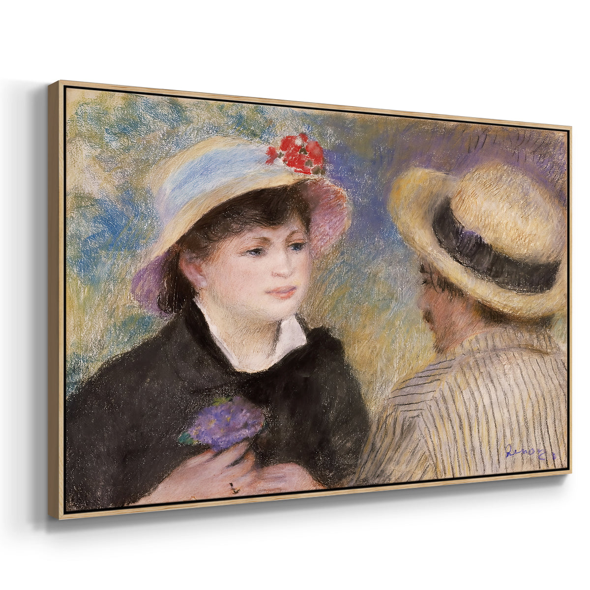 Angled view of Boating Couple (Aline Charigot and Renoir), c. 1881 by Pierre-Auguste Renoir in a natural wood floater framed canvas.