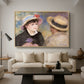 Boating Couple (Aline Charigot and Renoir), c. 1881 by Pierre-Auguste Renoir as a natural wood floater framed canvas featuring a close-up of a couple seated together outdoors with hats and soft sunlight, displayed above a sofa in a modern living room.