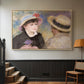 Natural wood floater framed canvas featuring a romantic scene of two figures in casual conversation with soft light, displayed in a hallway near a staircase.