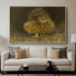 An Eagle Owl (Berguv), 1905 by Bruno Liljefors displayed in a natural wood floater framed canvas above a sofa in a clean living room.