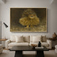 An Eagle Owl (Berguv), 1905 by Bruno Liljefors as a natural wood floater framed canvas featuring a large owl perched on branch in shadowy natural forest setting, displayed above a sofa in a modern living room.