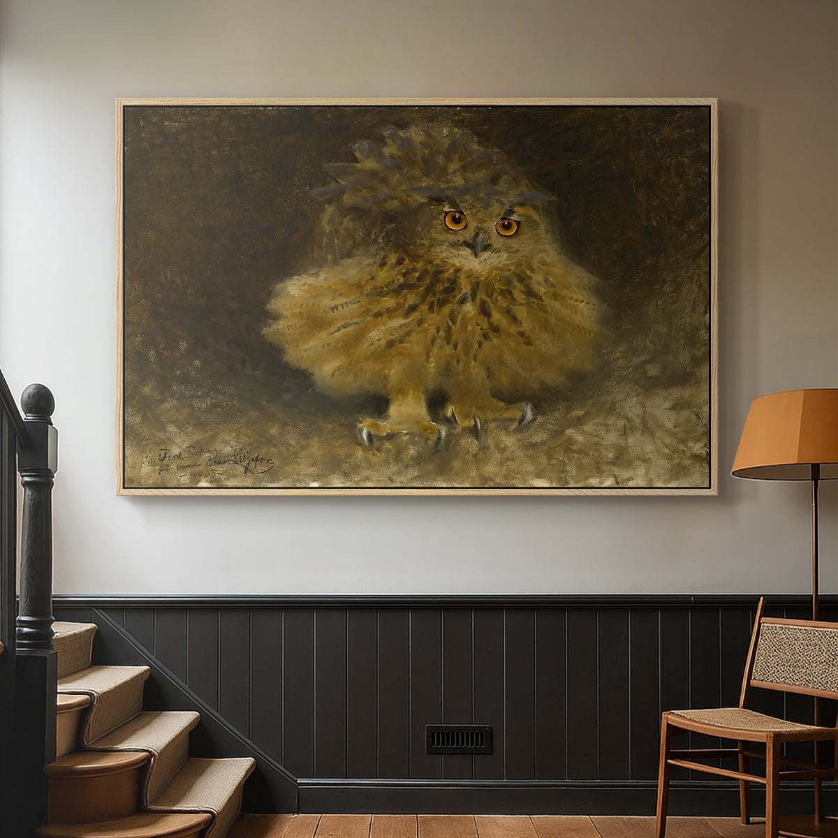 Natural wood floater framed canvas featuring a realistic depiction of owl camouflaged within woodland environment, displayed in a hallway near a staircase.