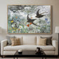 Common Swifts, 1886 by Bruno Liljefors displayed in a natural wood floater framed canvas above a sofa in a clean living room.
