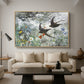 Common Swifts, 1886 by Bruno Liljefors as a natural wood floater framed canvas featuring a flock of birds in flight soaring across open sky above landscape, displayed above a sofa in a modern living room.