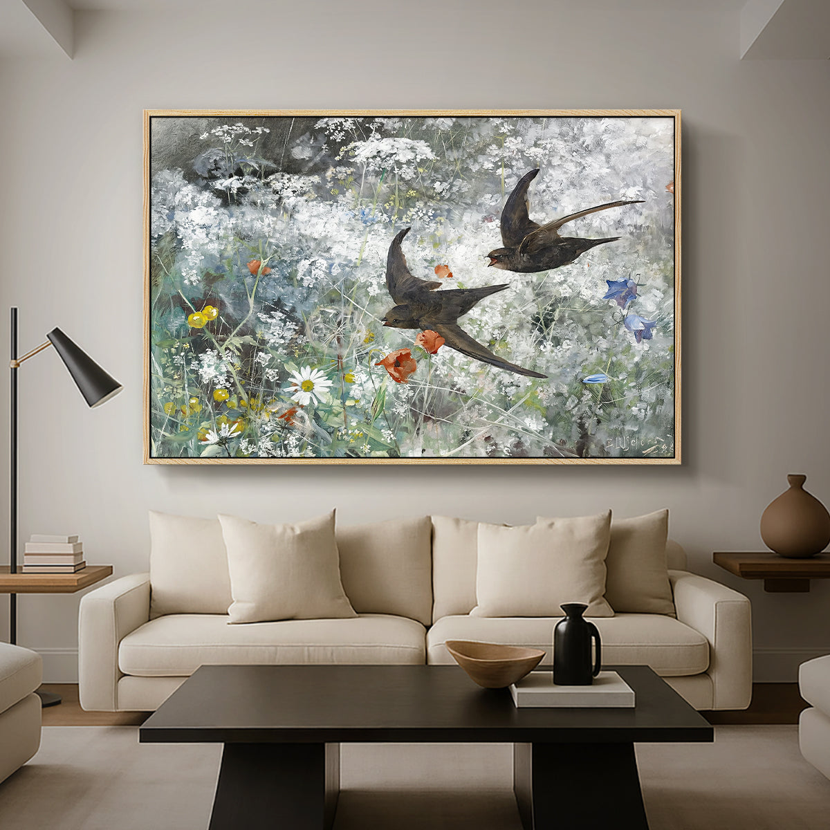 Common Swifts, 1886 by Bruno Liljefors as a natural wood floater framed canvas featuring a flock of birds in flight soaring across open sky above landscape, displayed above a sofa in a modern living room.