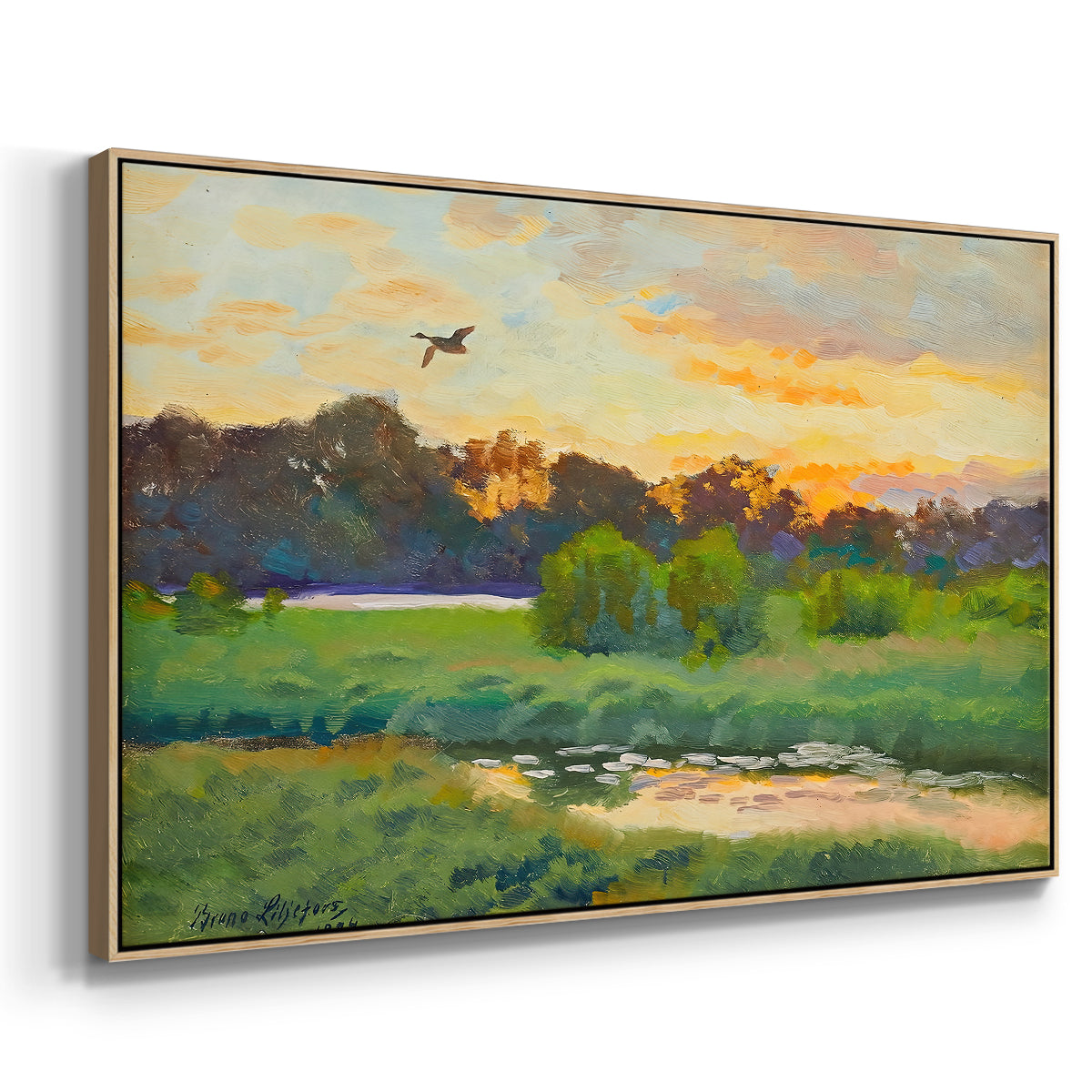 Angled view of Flying Duck at Sunset, 1924 by Bruno Liljefors in a natural wood floater framed canvas.