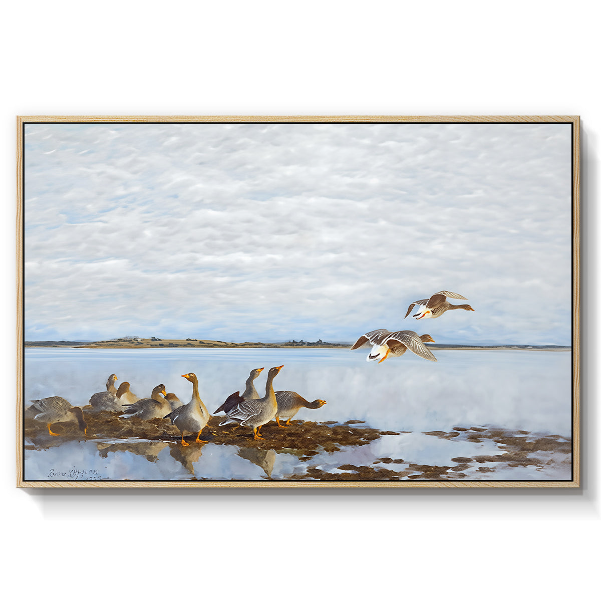 Greylag Geese (Grågäss), 1922 by Bruno Liljefors in a natural wood floater framed canvas wall art display.