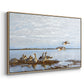 Angled view of Greylag Geese (Grågäss), 1922 by Bruno Liljefors in a natural wood floater framed canvas.