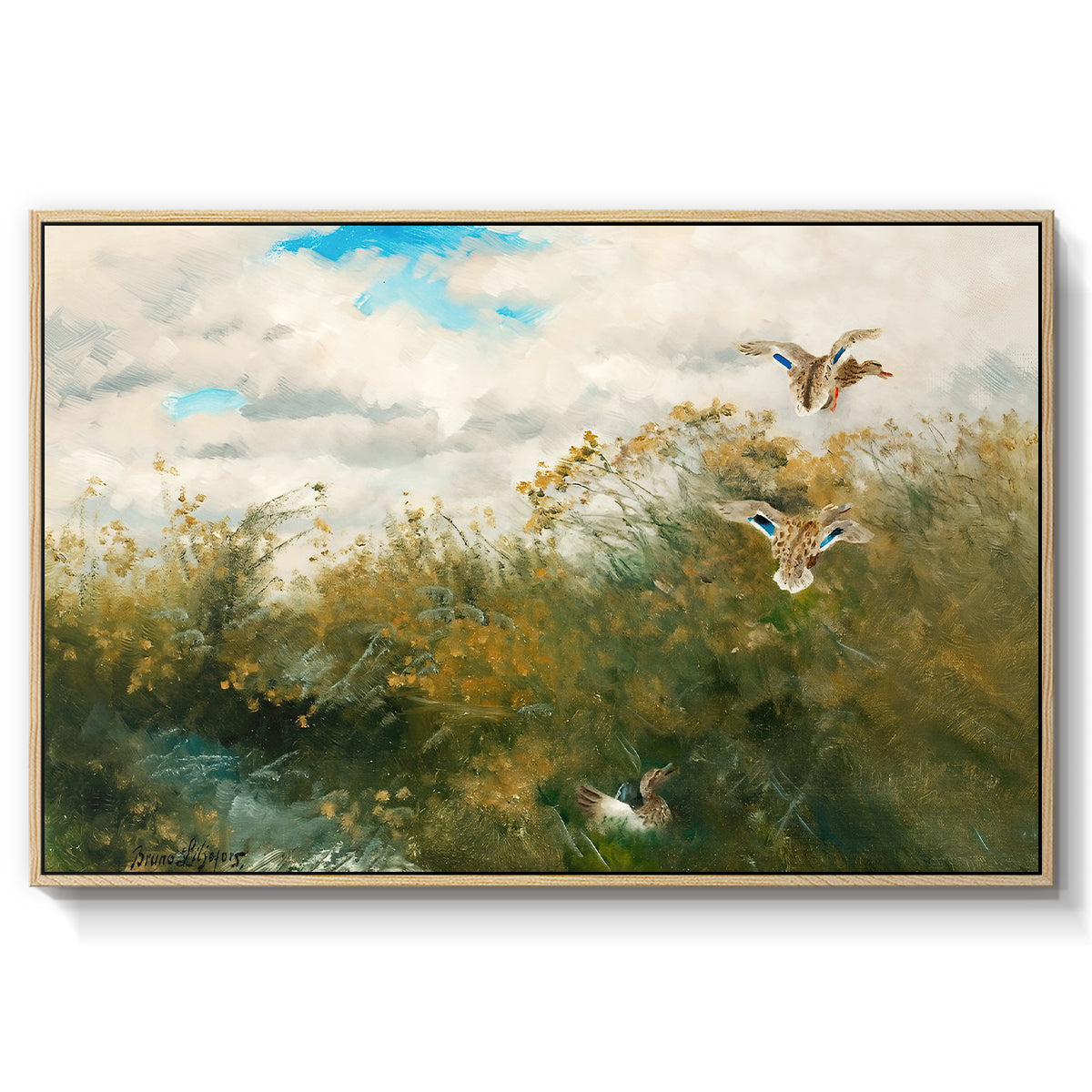 Wild Ducks (Grasänder), 1890 by Bruno Liljefors in a natural wood floater framed canvas wall art display.