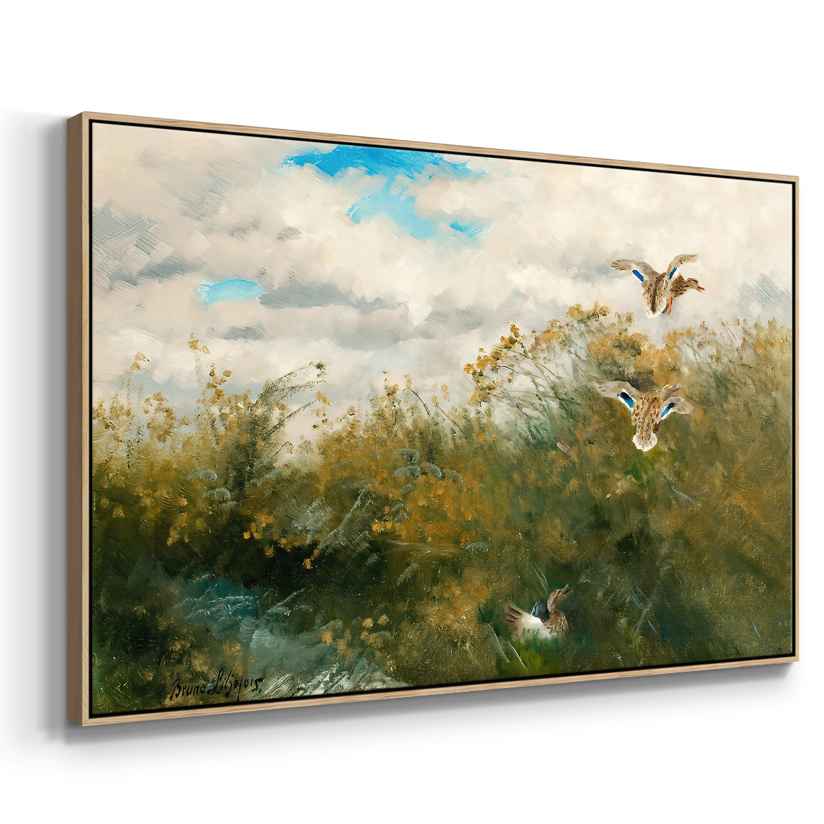 Angled view of Wild Ducks (Grasänder), 1890 by Bruno Liljefors in a natural wood floater framed canvas.