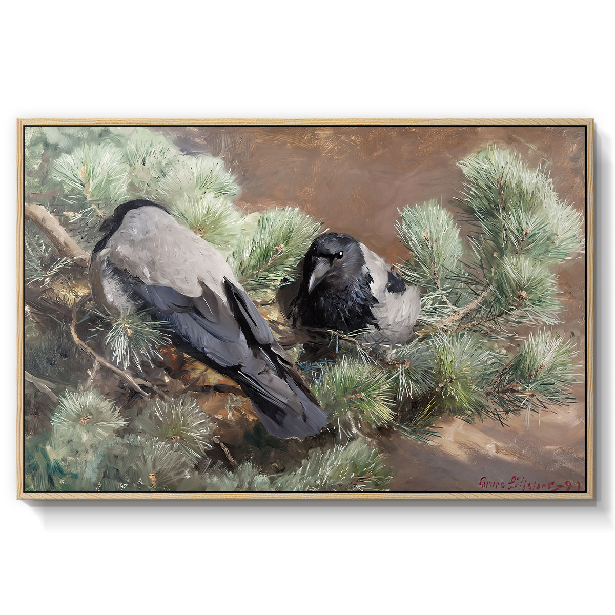 Hooded Crows (Kråkor), 1891 by Bruno Liljefors in a natural wood floater framed canvas wall art display.