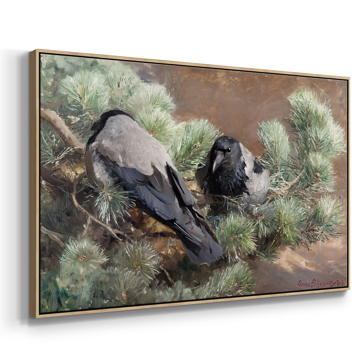 Angled view of Hooded Crows (Kråkor), 1891 by Bruno Liljefors in a natural wood floater framed canvas.