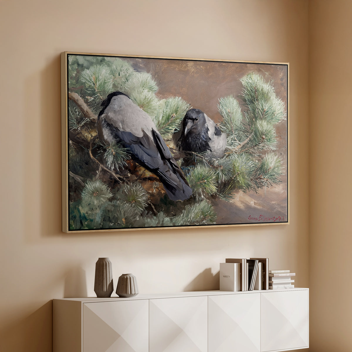 Natural wood floater framed canvas of Hooded Crows (Kråkor), 1891 by Bruno Liljefors, featuring birds standing alert in natural field environment above a console cabinet in a minimalist entryway.