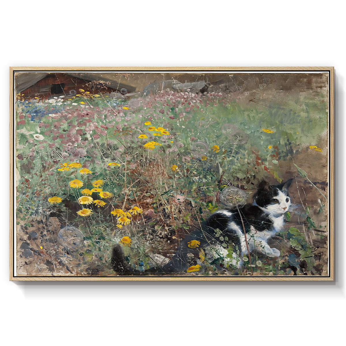 Cat on a Flowery Meadow, 1887 by Bruno Liljefors in a natural wood floater framed canvas wall art display.
