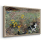 Angled view of Cat on a Flowery Meadow, 1887 by Bruno Liljefors in a natural wood floater framed canvas.