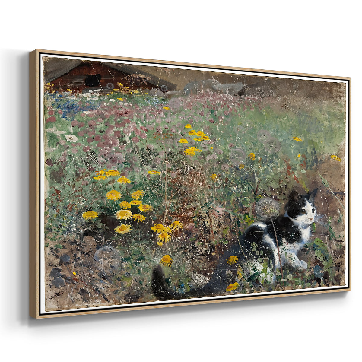 Angled view of Cat on a Flowery Meadow, 1887 by Bruno Liljefors in a natural wood floater framed canvas.