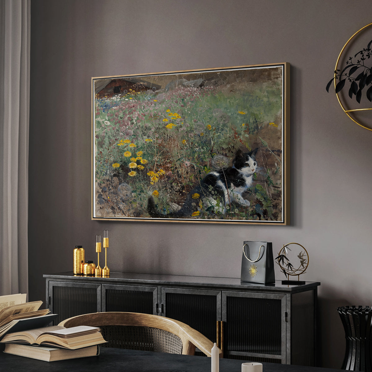 Cat on a Flowery Meadow, 1887 by Bruno Liljefors in a natural wood floater framed canvas featuring an animal scene of cat hidden in lush meadow vegetation, displayed above a desk in a dark home office interior.
