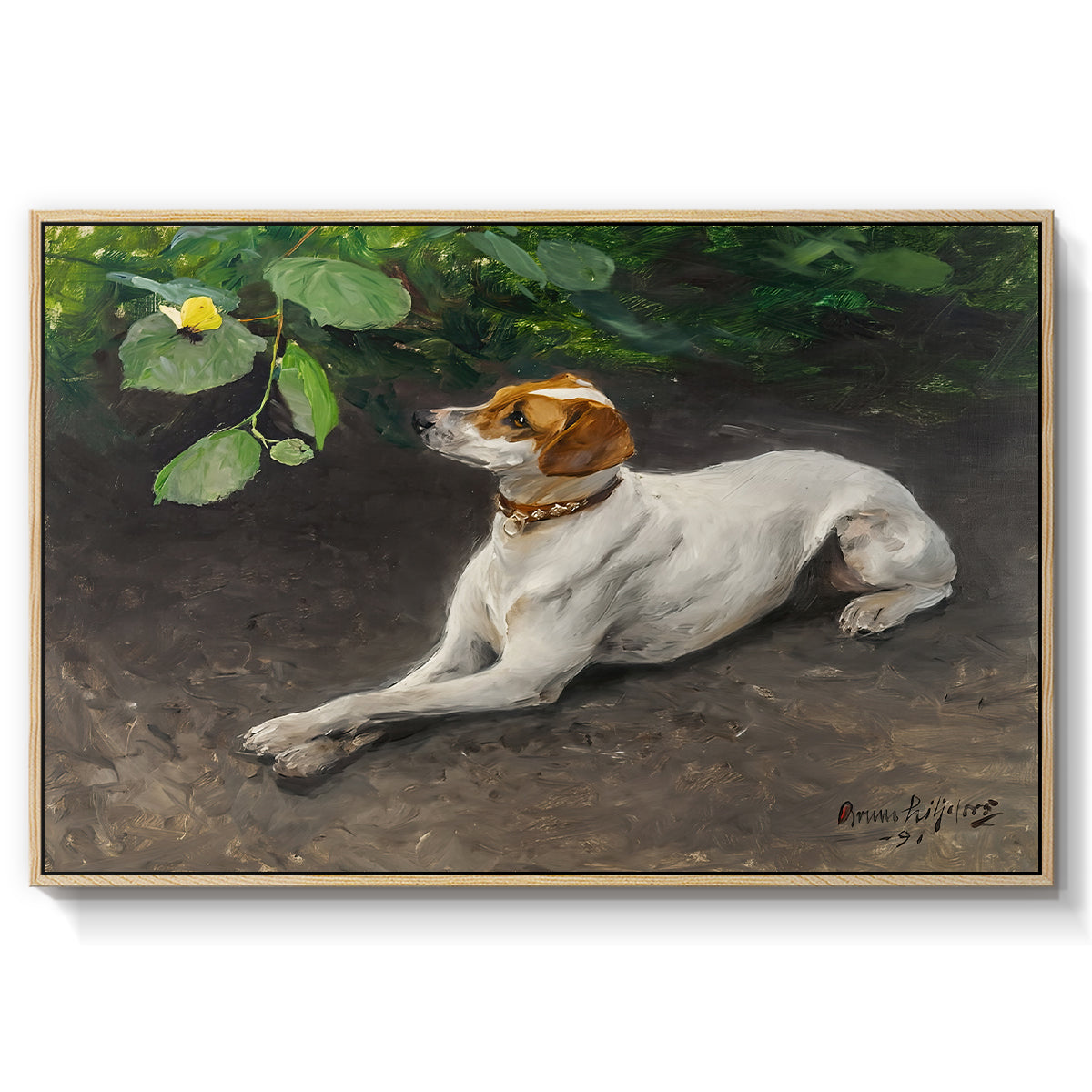 Portrait of a Dog, 1891 by Bruno Liljefors in a natural wood floater framed canvas wall art display.