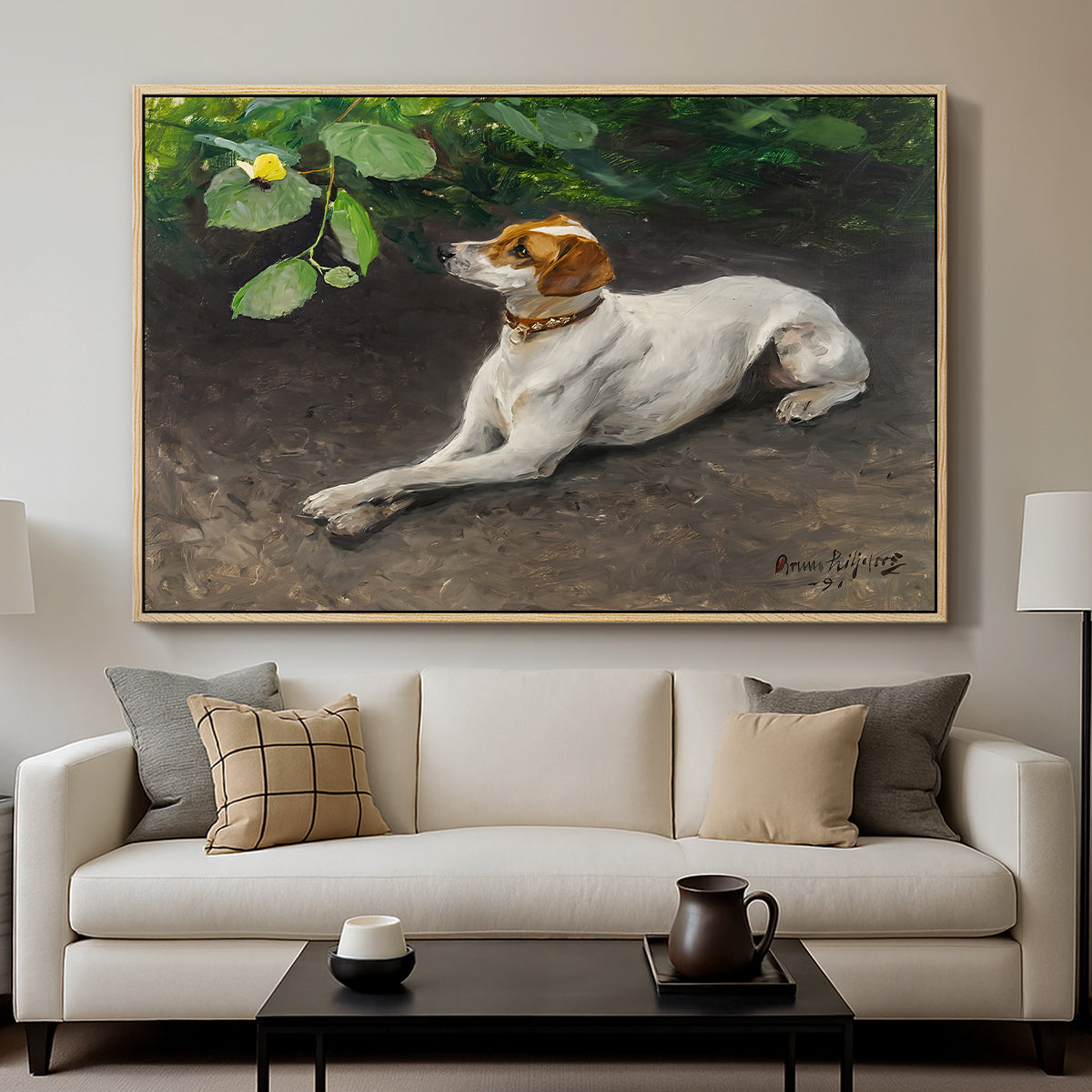 Portrait of a Dog, 1891 by Bruno Liljefors displayed in a natural wood floater framed canvas above a sofa in a clean living room.