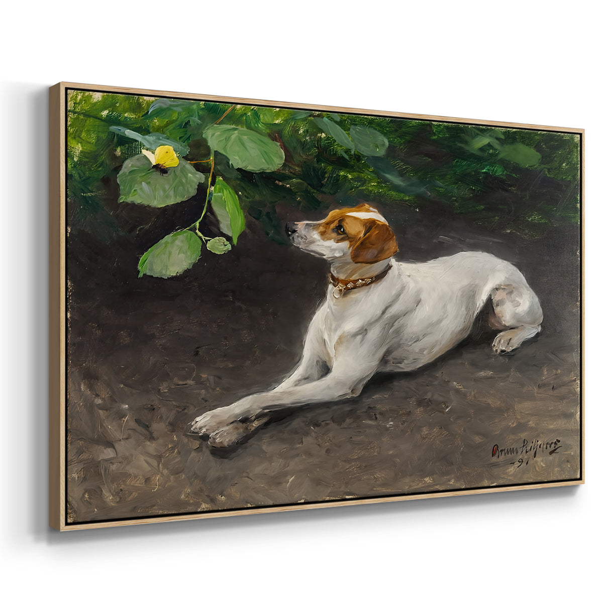Angled view of Portrait of a Dog, 1891 by Bruno Liljefors in a natural wood floater framed canvas.