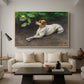 Portrait of a Dog, 1891 by Bruno Liljefors as a natural wood floater framed canvas featuring a dog lying on ground with head raised in natural outdoor setting, displayed above a sofa in a modern living room.