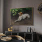 Portrait of a Dog, 1891 by Bruno Liljefors in a natural wood floater framed canvas featuring an animal painting of dog stretched out on earthy terrain, displayed above a desk in a dark home office interior.
