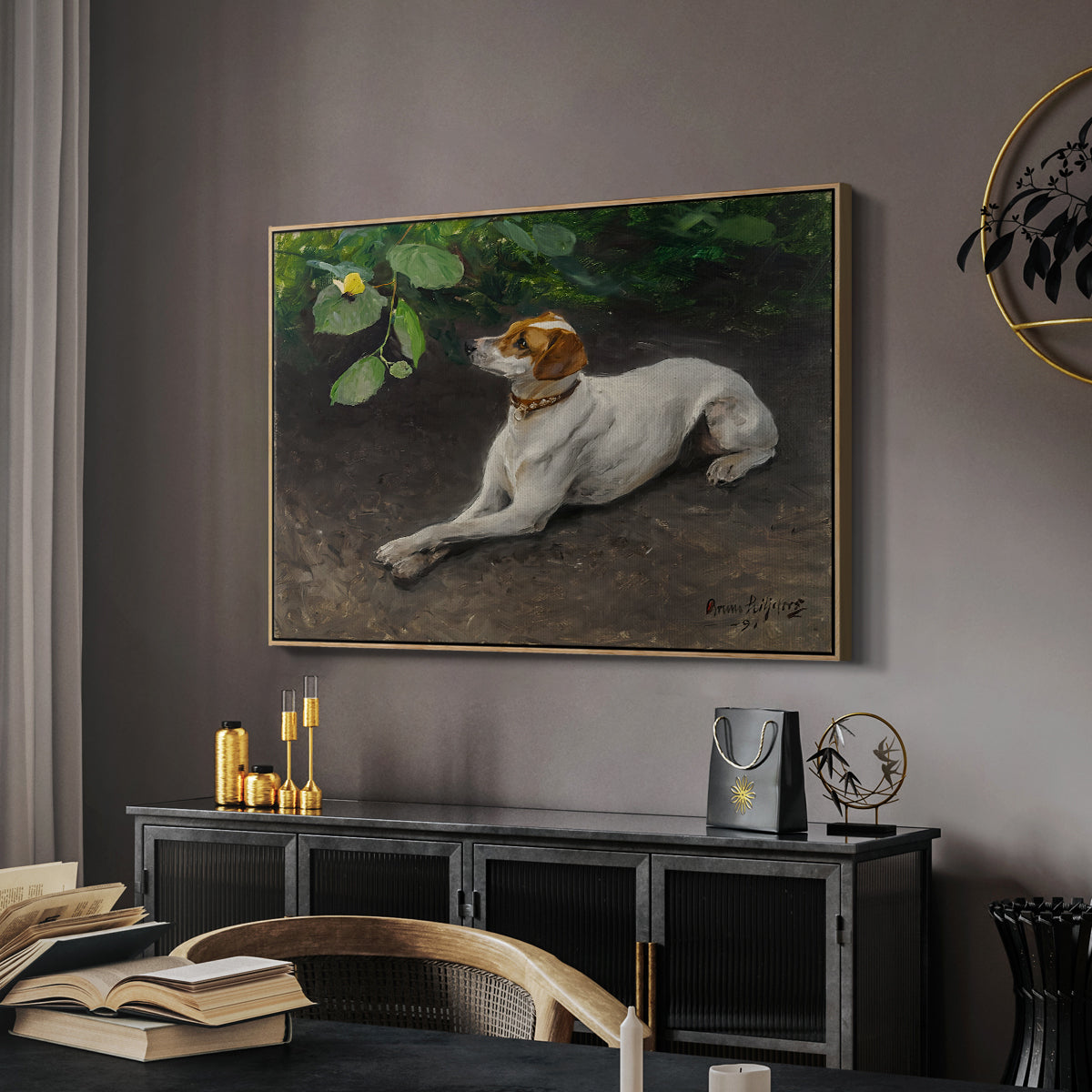 Portrait of a Dog, 1891 by Bruno Liljefors in a natural wood floater framed canvas featuring an animal painting of dog stretched out on earthy terrain, displayed above a desk in a dark home office interior.