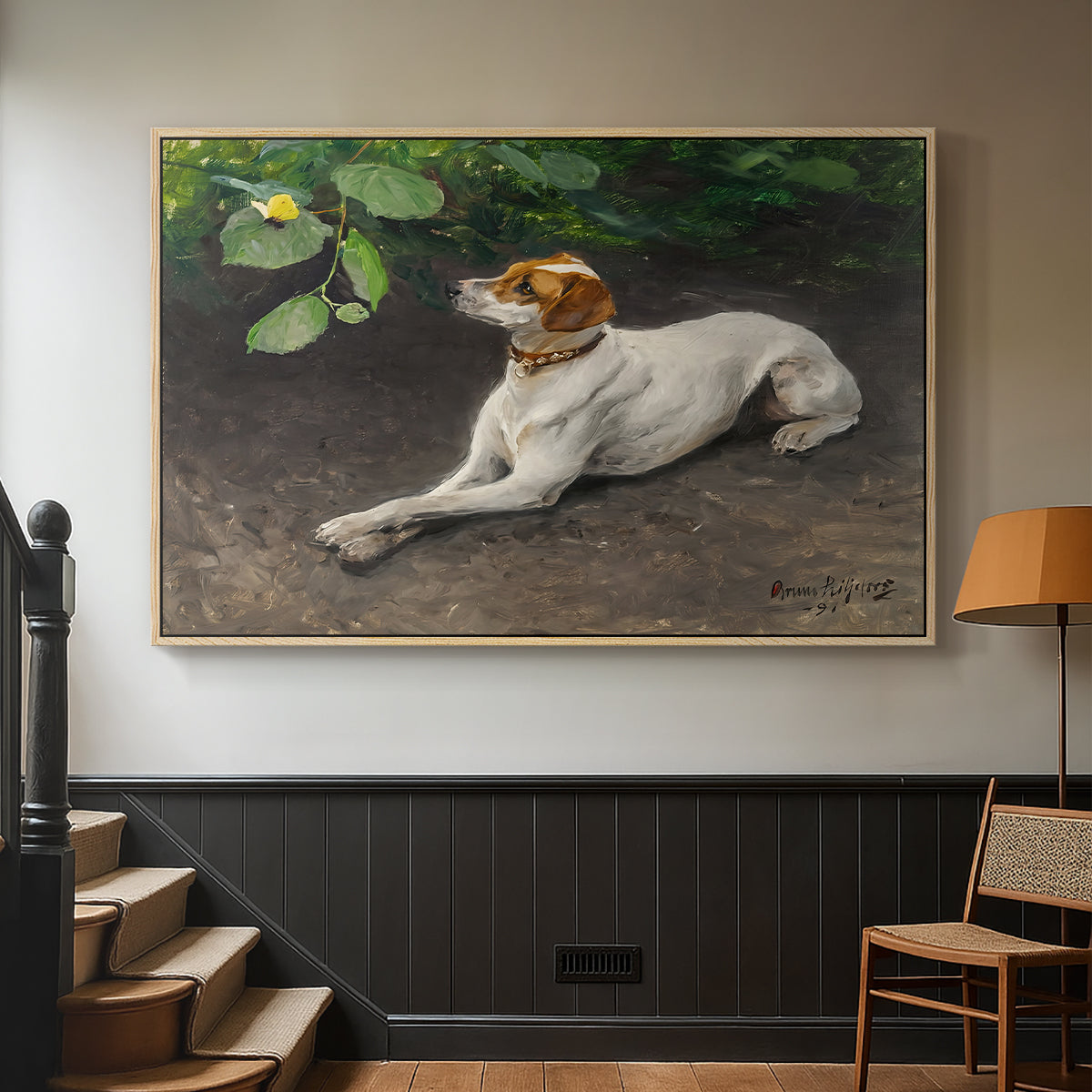 Natural wood floater framed canvas featuring a calm scene of dog reclining in open landscape, displayed in a hallway near a staircase.