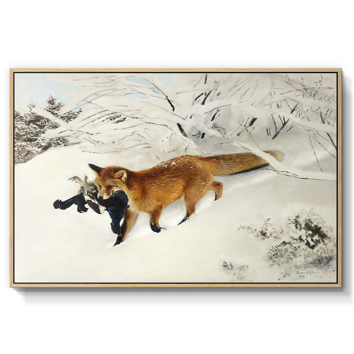 Fox in Snow Landscape, 1900 by Bruno Liljefors in a natural wood floater framed canvas wall art display.