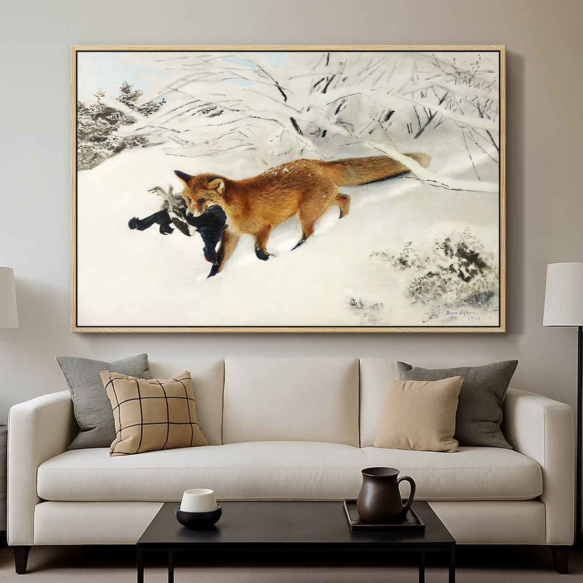 Fox in Snow Landscape, 1900 by Bruno Liljefors displayed in a natural wood floater framed canvas above a sofa in a clean living room.