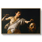 David with the Head of Goliath (Vienna Version), c. 1607 by Caravaggio in a natural wood floater framed canvas wall art display.