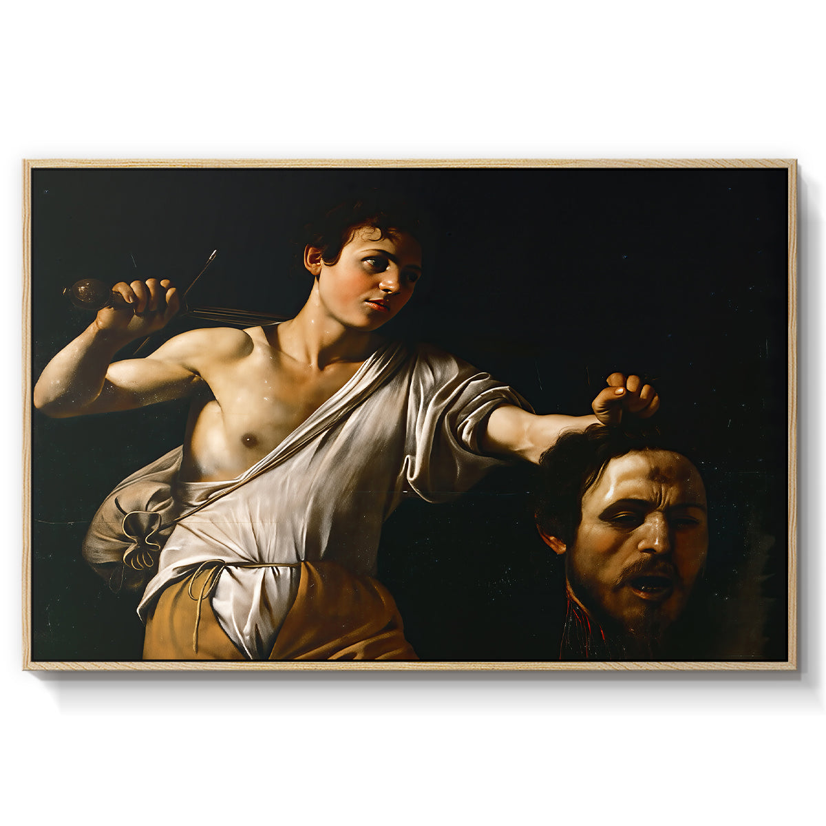 David with the Head of Goliath (Vienna Version), c. 1607 by Caravaggio in a natural wood floater framed canvas wall art display.
