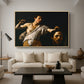 David with the Head of Goliath (Vienna Version), c. 1607 by Caravaggio as a natural wood floater framed canvas featuring a young David holding the severed head of Goliath against a dark background, displayed above a sofa in a modern living room.