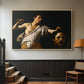 Natural wood floater framed canvas featuring an intense religious scene with figure emerging from darkness holding trophy, displayed in a hallway near a staircase.
