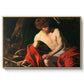 Saint John the Baptist in the Wilderness, c. 1603-1604 by Caravaggio in a natural wood floater framed canvas wall art display.