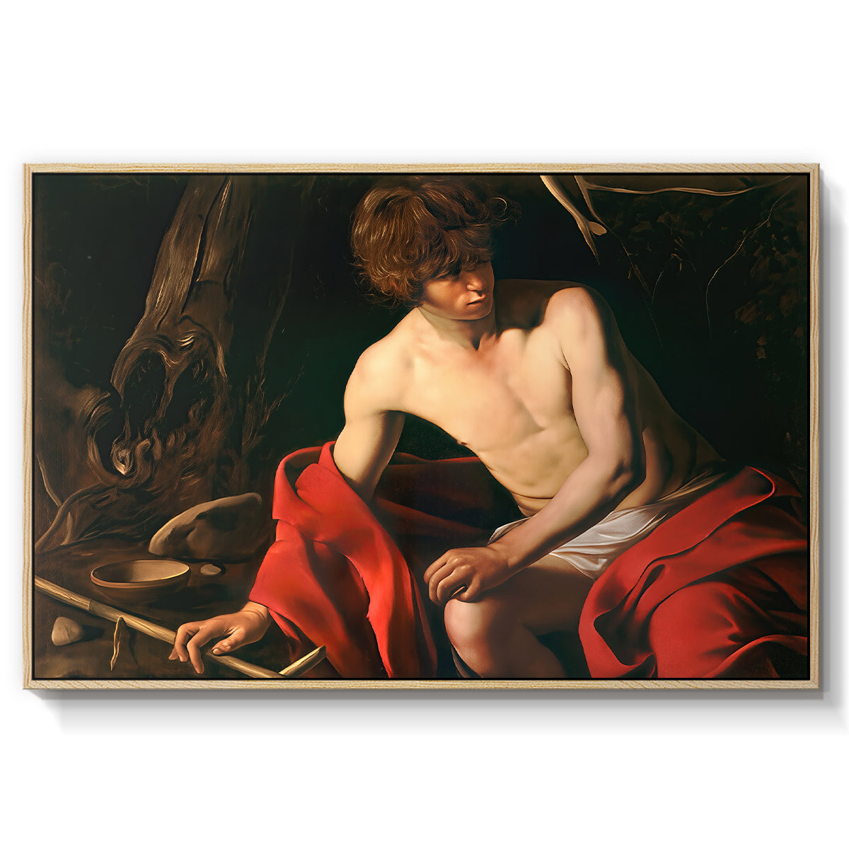 Saint John the Baptist in the Wilderness, c. 1603-1604 by Caravaggio in a natural wood floater framed canvas wall art display.