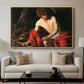 Saint John the Baptist in the Wilderness, c. 1603-1604 by Caravaggio displayed in a natural wood floater framed canvas above a sofa in a clean living room.