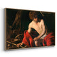 Angled view of Saint John the Baptist in the Wilderness, c. 1603-1604 by Caravaggio in a natural wood floater framed canvas.